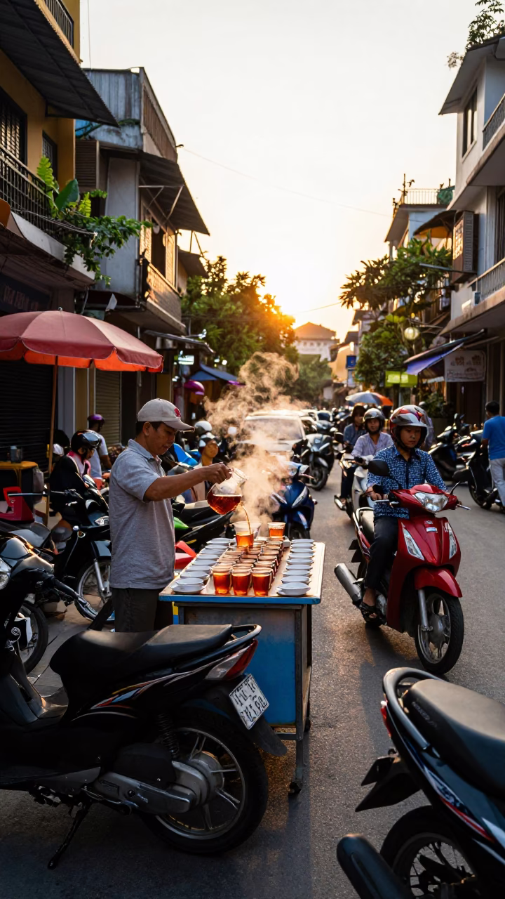 Busy Hanoi Street Scene at Golden Hour with Motorbikes and Street Food Vendor in in Hanoi, Vietnam