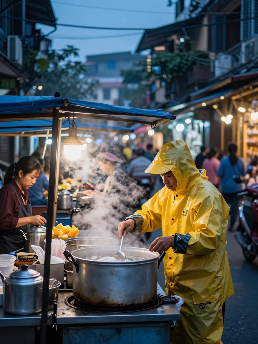 Busy Hanoi Street Scene at Nautical Dawn with Kettle and Drying Rack in in Hanoi, Vietnam