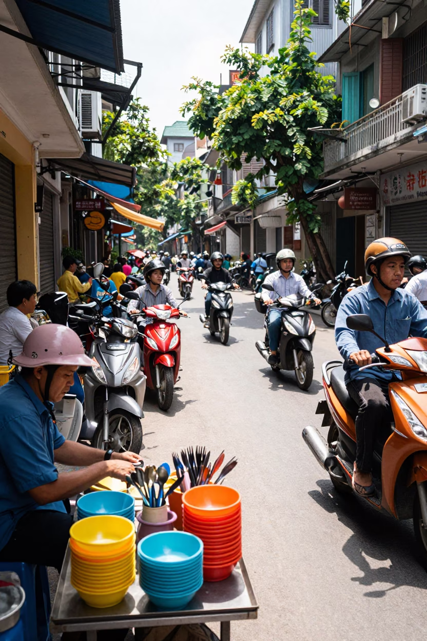 Busy Hanoi Street Scene at Noon with Utensil Crock and Rust Around Cup Rim in in Hanoi, Vietnam