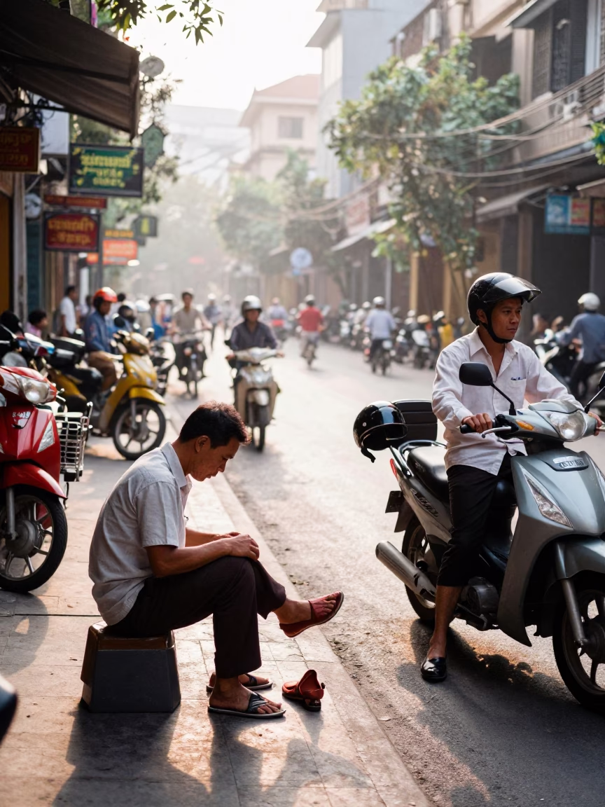 Busy Hanoi Street Scene at Sunrise with Shoe Shining and Morning Commuters in in Hanoi, Vietnam