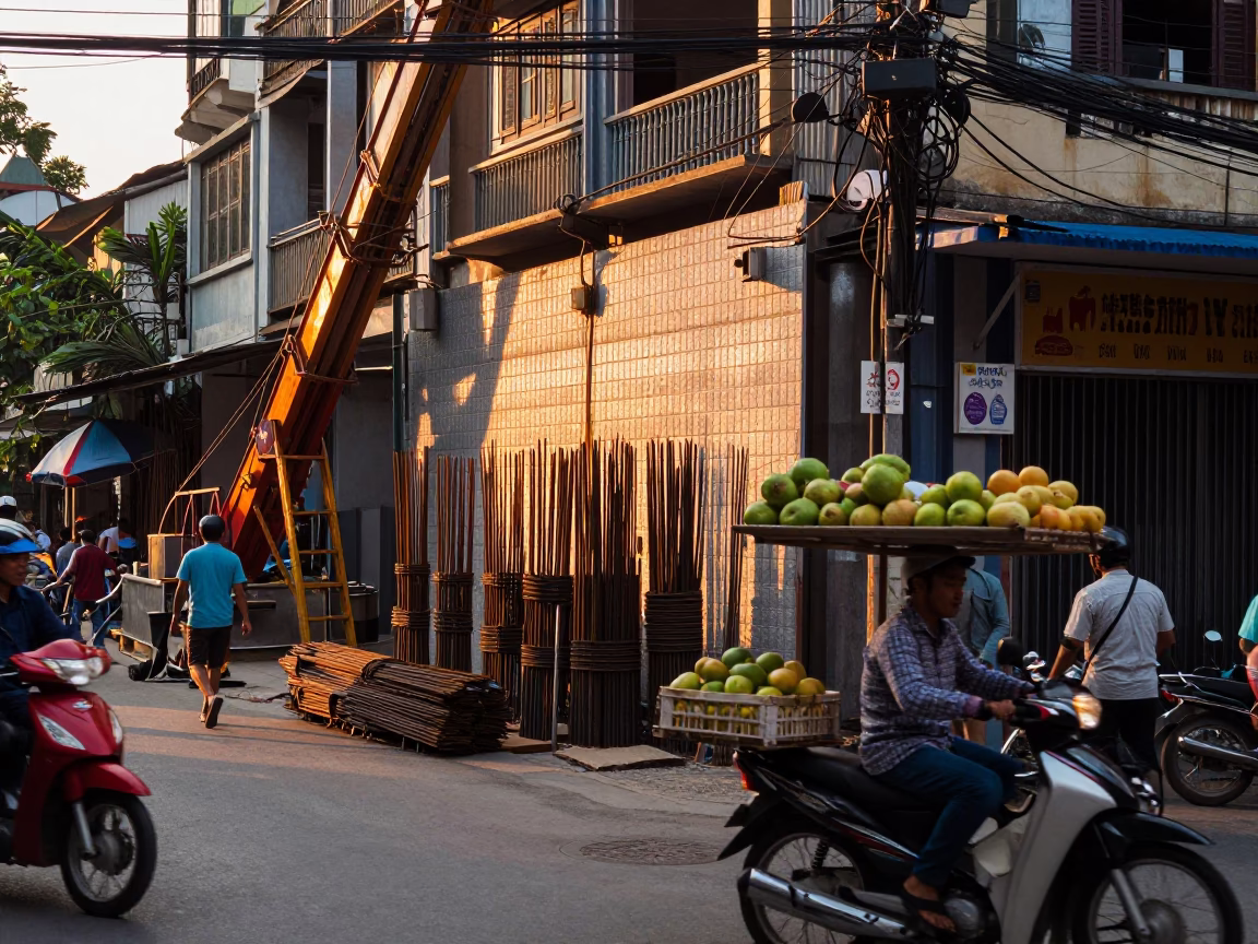 Busy Hanoi Street Scene at Sunset with Construction and Local Commerce in in Hanoi, Vietnam