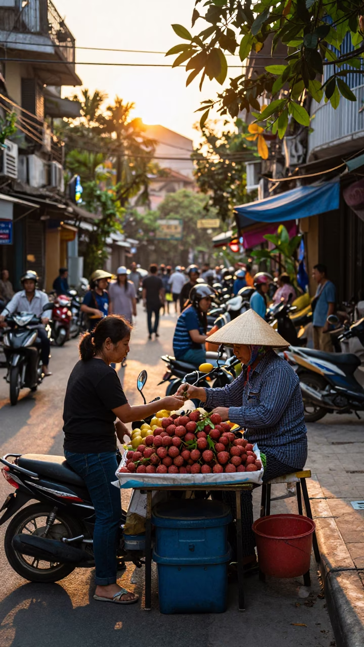 Busy Hanoi Street Scene at Sunset with Fruit Vendor and Traditional Architecture in in Hanoi, Vietnam