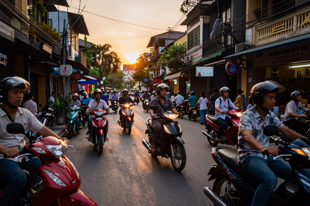 Busy Hanoi Street Scene at Sunset with Motorbikes and Local Life in in Hanoi, Vietnam