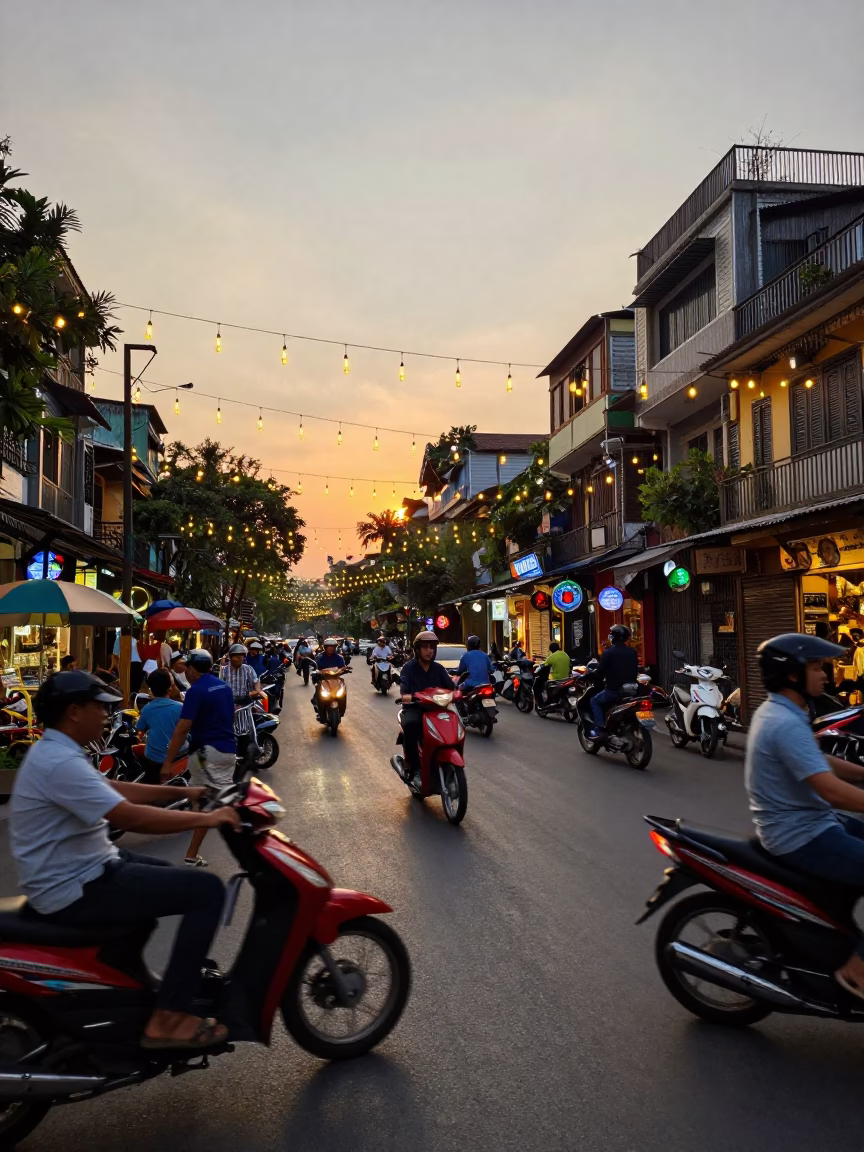 Busy Hanoi Street Scene at Sunset with String Lights and Local Life in in Hanoi, Vietnam