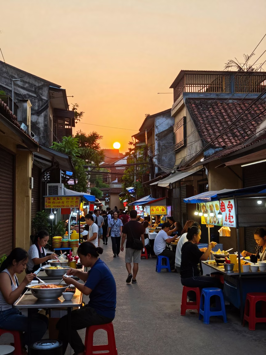 Busy Hanoi Street Scene at Sunset with Traditional Food and Local Life in in Hanoi, Vietnam