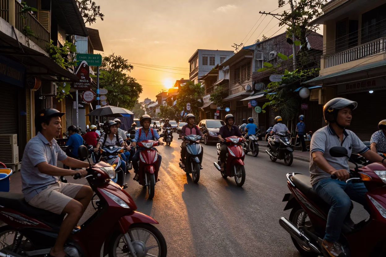Busy Hanoi Street Scene at Sunset with Vintage Motorbikes and Local Life in in Hanoi, Vietnam