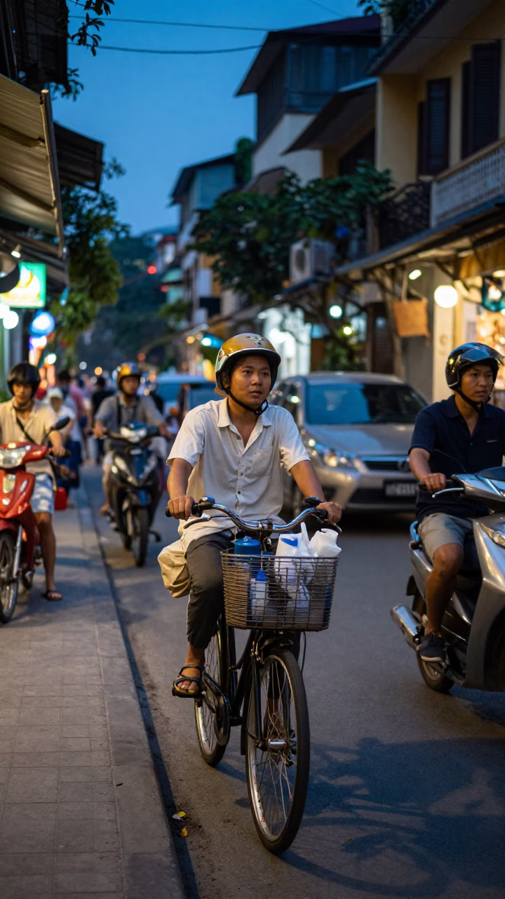 Busy Hanoi Street Scene at Twilight with Bicycle Basket and Gardenia Bush in in Hanoi, Vietnam