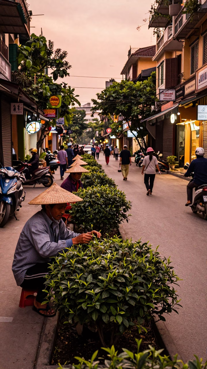 Busy Hanoi Street Scene Before Dusk with Tea Bush and Local Interaction in in Hanoi, Vietnam