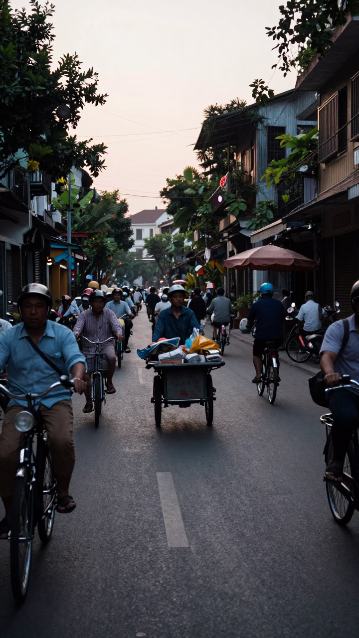 Busy Hanoi Street Scene Before Sunrise with Bicycle Traffic and Local Vendors in in Hanoi, Vietnam
