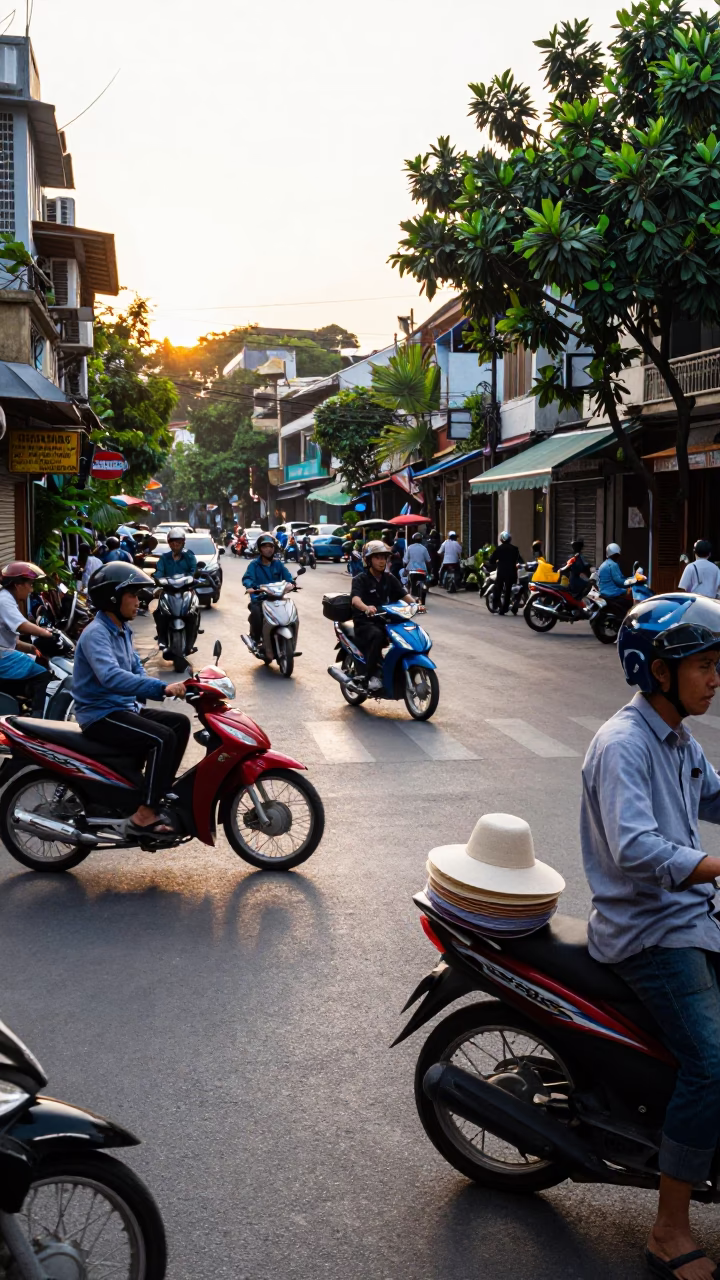 Busy Hanoi Street Scene Early Afternoon with Motorbikes and Sun Hats in in Hanoi, Vietnam