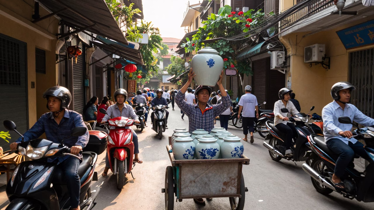 Busy Hanoi Street Scene Early Afternoon with Porcelain Jar and Urban Life in in Hanoi, Vietnam