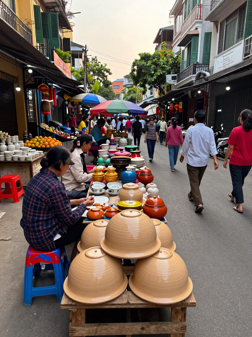 Busy Hanoi Street Scene Early Afternoon with Traditional Ceramics and Daily Life in in Hanoi, Vietnam