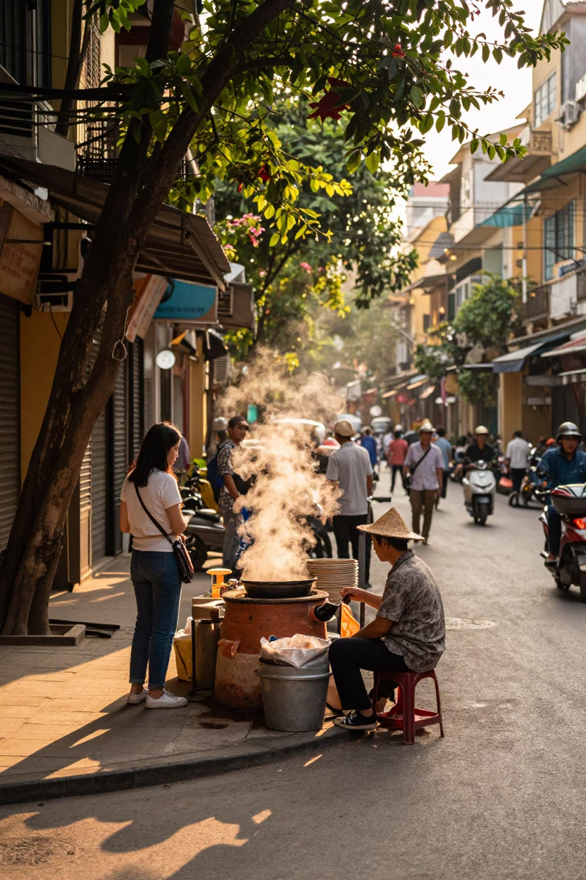 Busy Hanoi Street Scene in Honeyed Evening Light with Local Vendor and Traditional Elements in in Hanoi, Vietnam