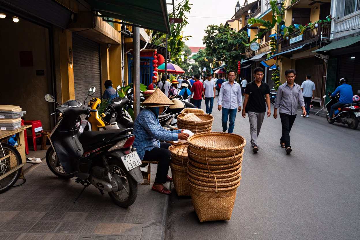 Busy Hanoi Street Scene Late Afternoon Light Woven Baskets and Local Commerce in in Hanoi, Vietnam