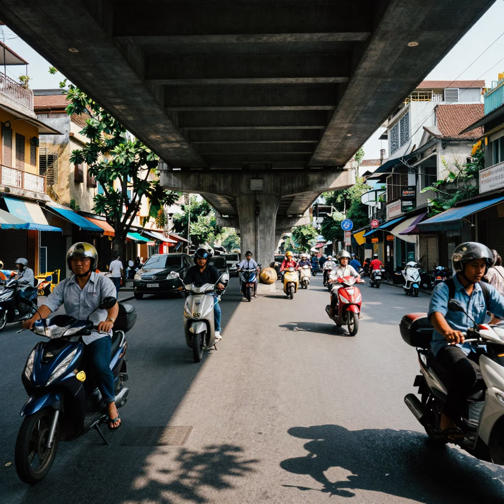 Busy Hanoi Street Scene Midday with Flyover Shadows and Local Life in Vietnam in in Hanoi, Vietnam