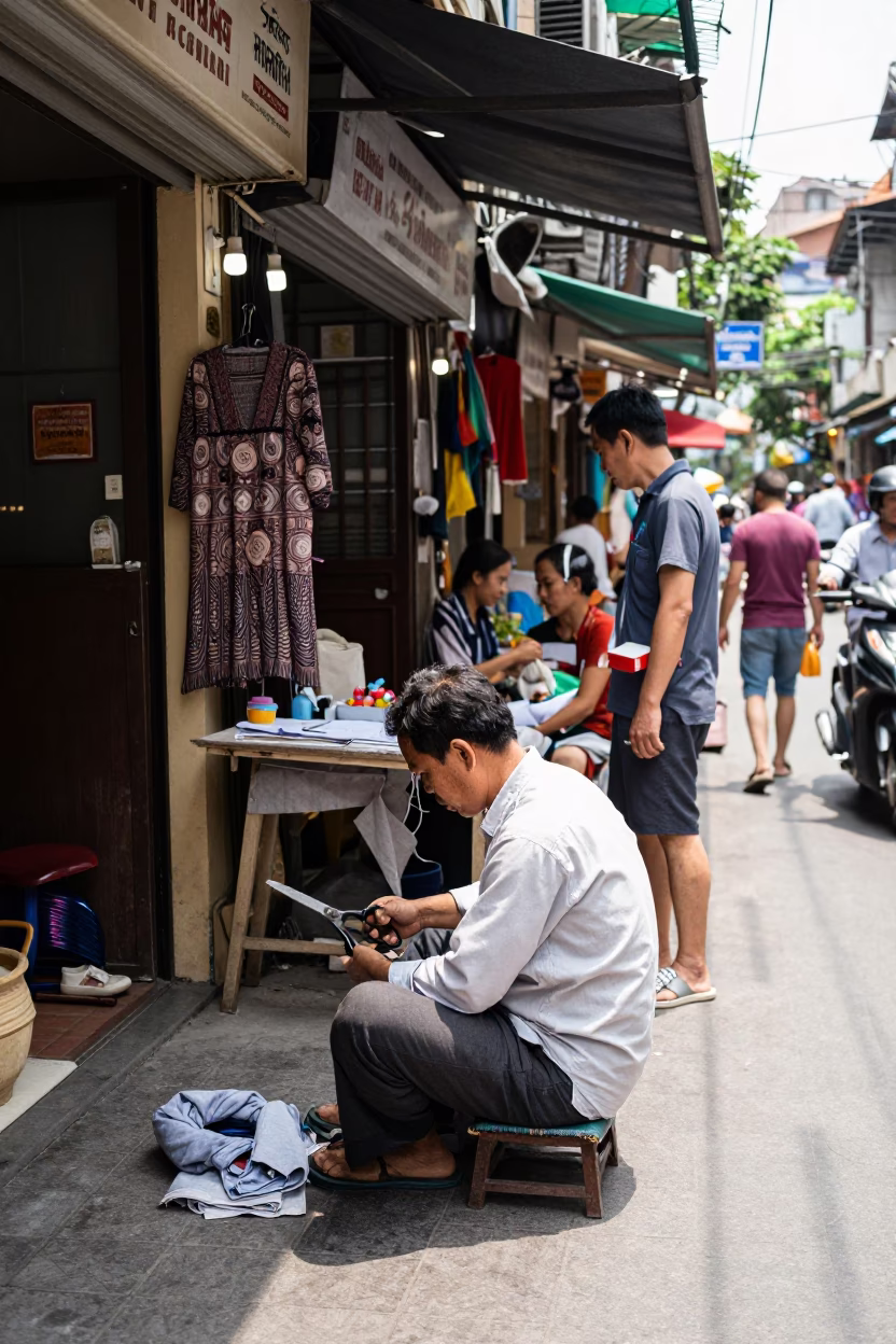 Busy Hanoi Street Scene Midday with Tailor Shears and Glass Pitcher in in Hanoi, Vietnam