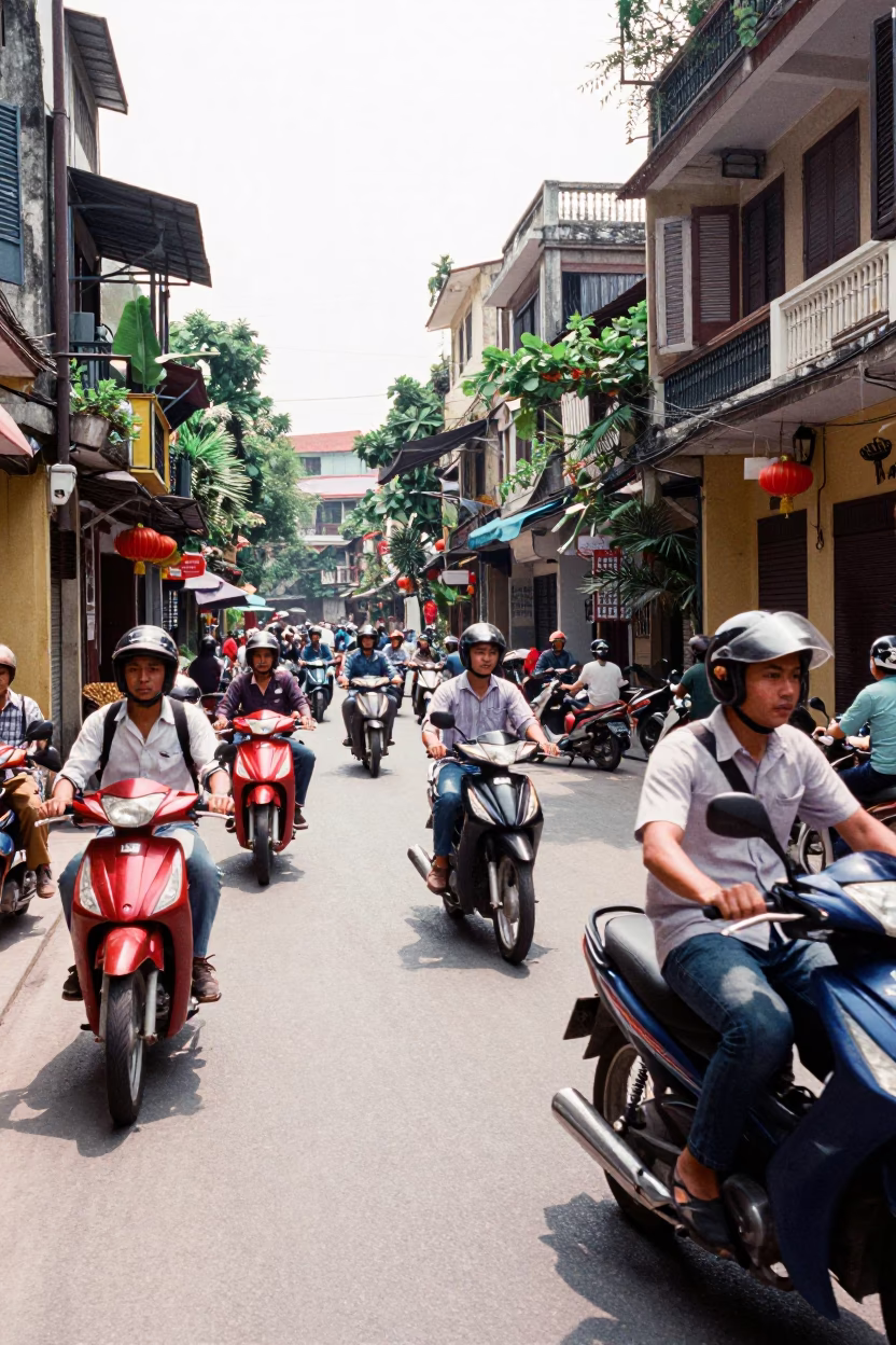 Busy Hanoi Street Scene Midmorning with Motorbikes and Local Market Activity in in Hanoi, Vietnam