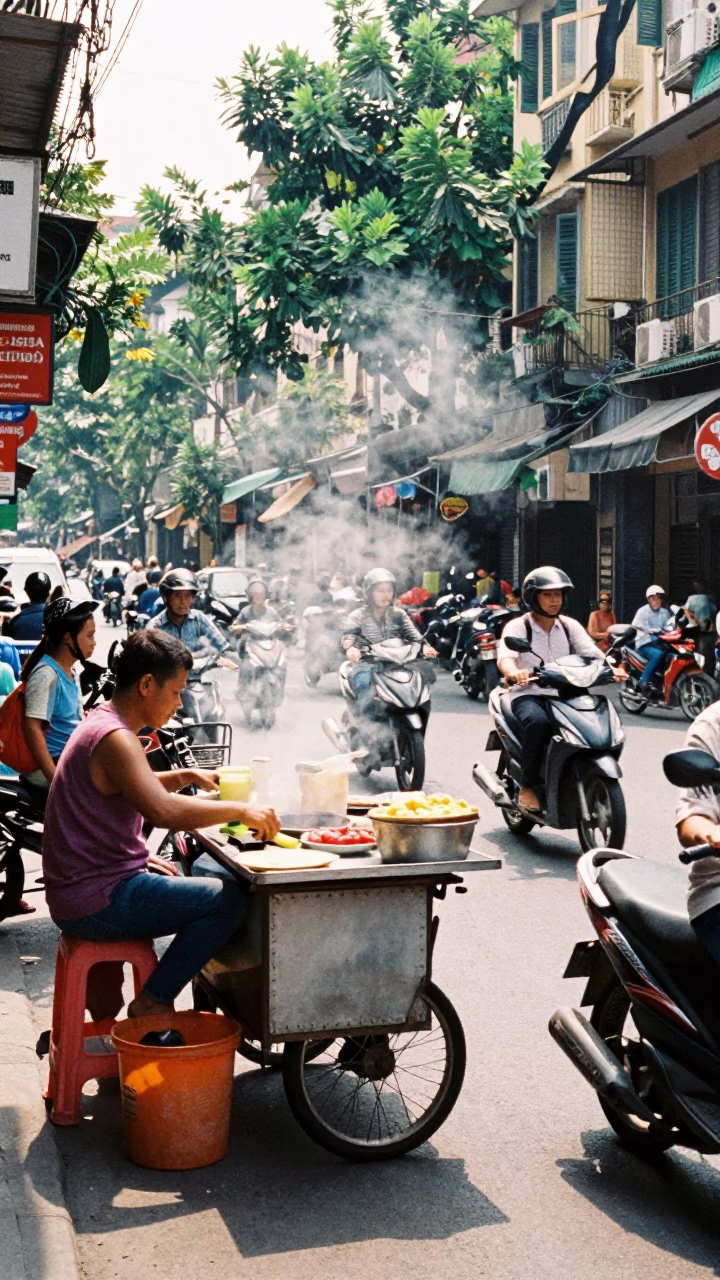 Busy Hanoi Street Scene Under Flat Noon Light with Steam Haze and Local Life in in Hanoi, Vietnam