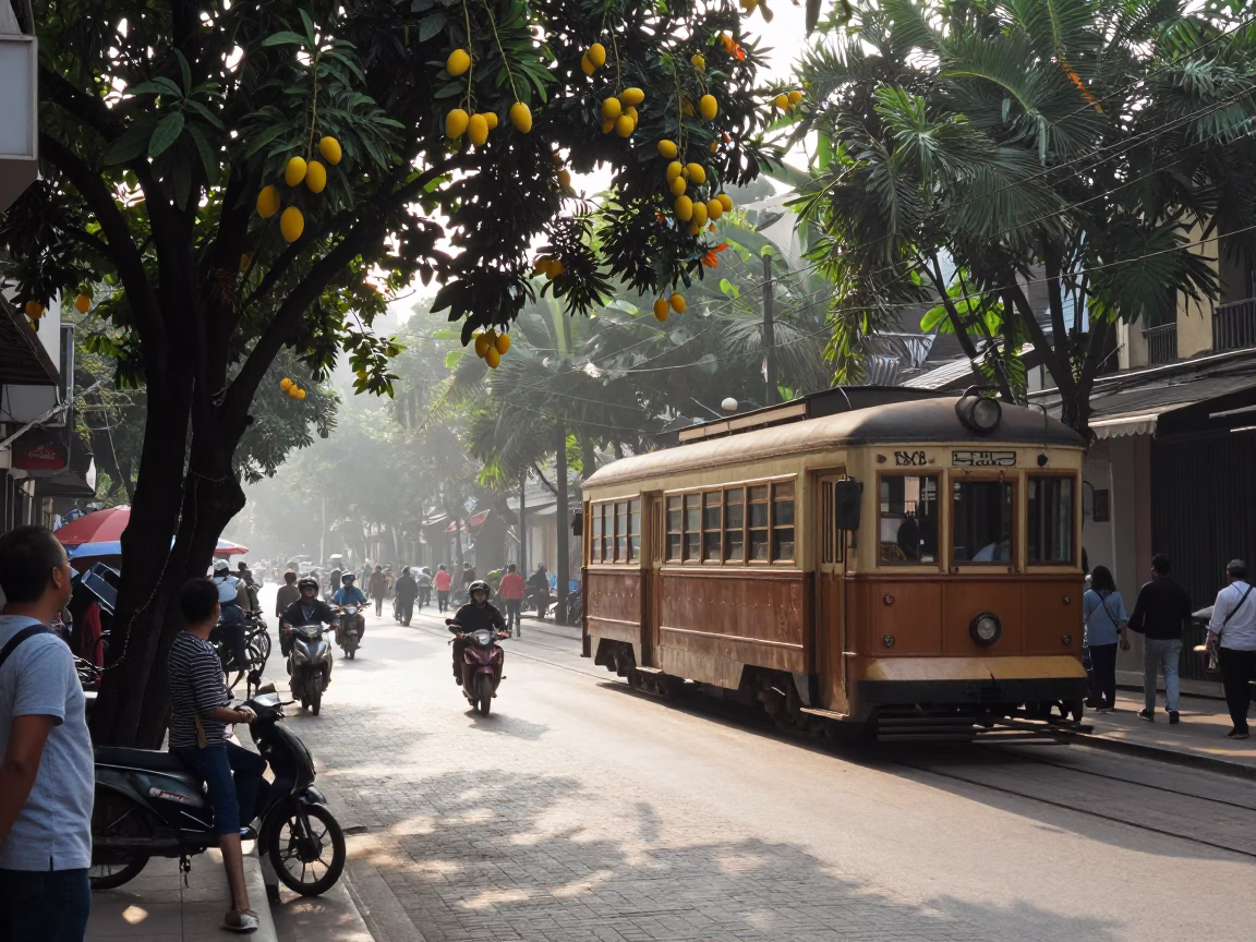 Busy Hanoi Street Scene with Heritage Tram and Morning Light in Vietnam in in Hanoi, Vietnam