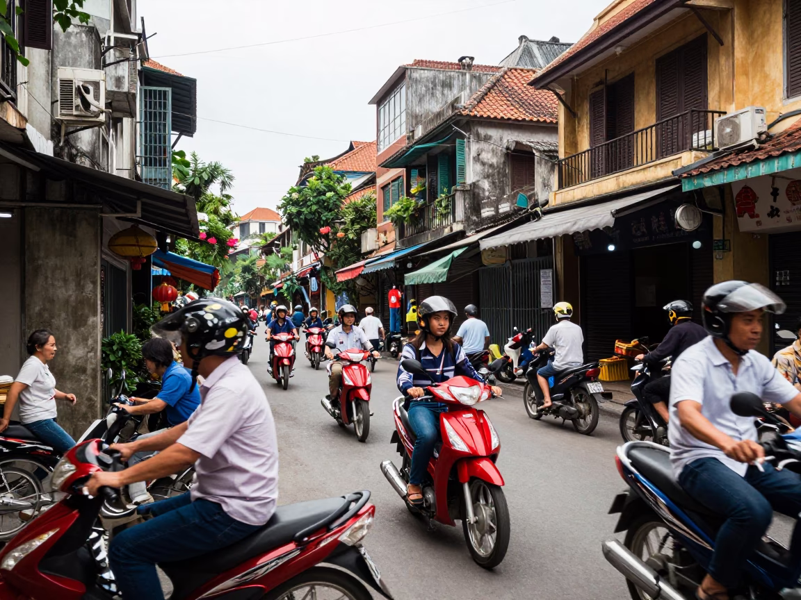 Busy Hanoi Street Scene with Motorbikes and Cups in Bright Midmorning Light in in Hanoi, Vietnam