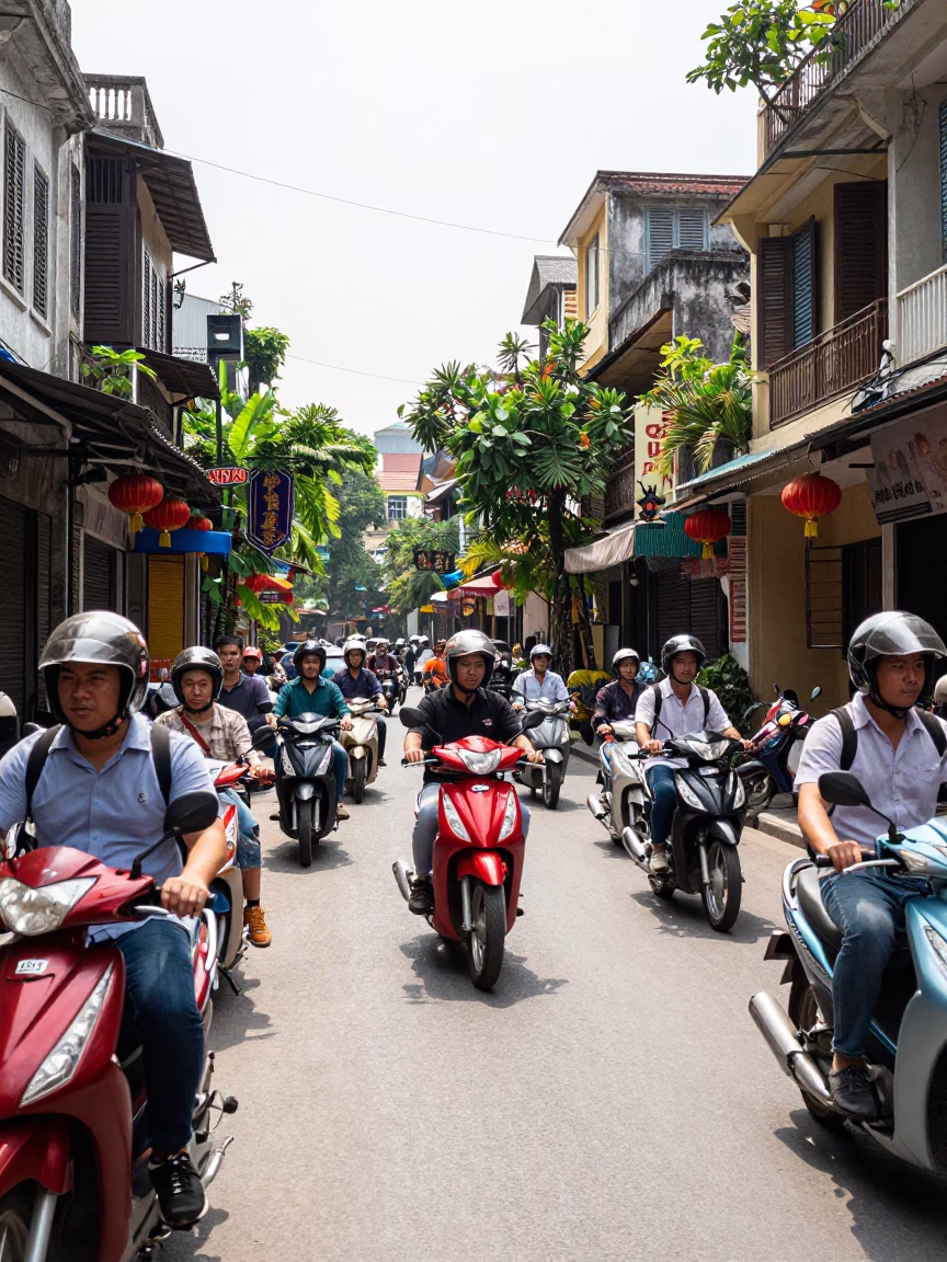 Busy Hanoi Street Scene with Motorbikes and Shop Fronts in Bright Midmorning Light in in Hanoi, Vietnam