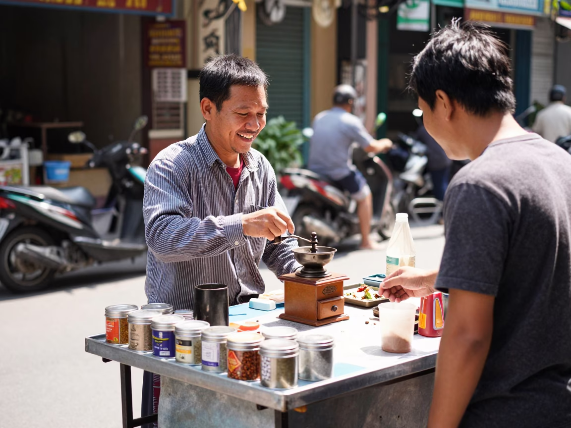 Busy Hanoi Street Vendor Midday Sale of Coffee Grinder and Spice Tins in in Hanoi, Vietnam