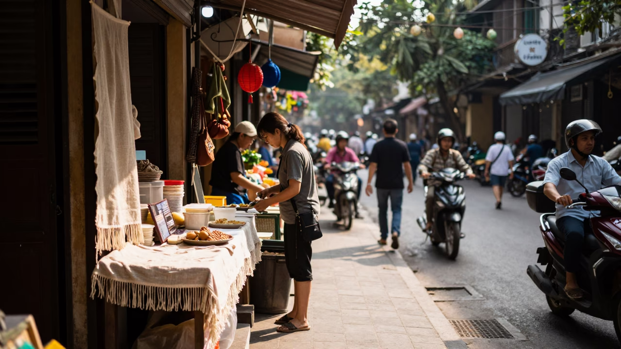 Busy Hanoi Vietnam Late Morning Street Scene with Linen Fringe and Local Market Activity in in Hanoi, Vietnam