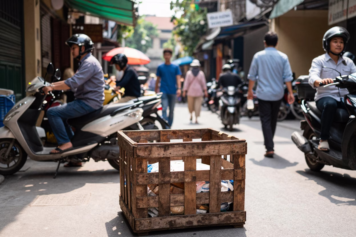Busy Hanoi Vietnam Midday Street Scene with Crate and Local Interaction in in Hanoi, Vietnam