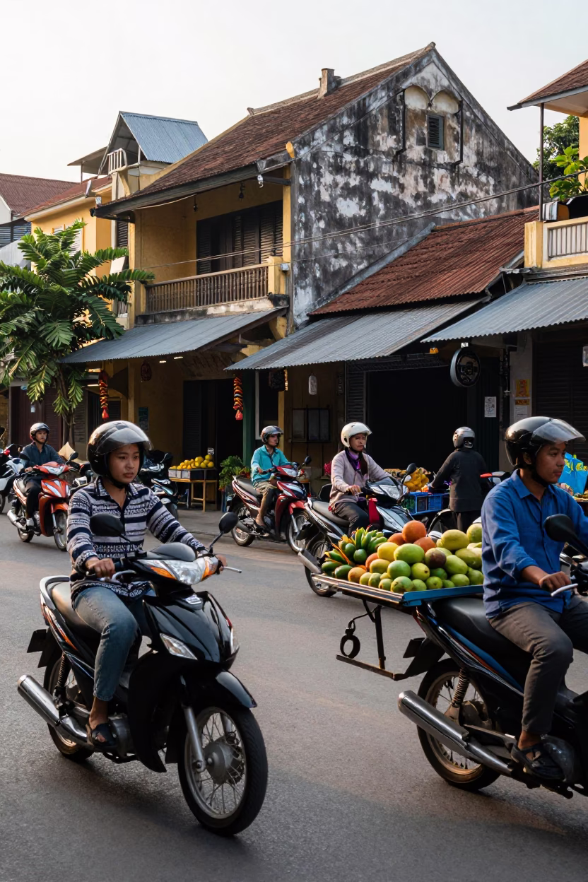 Busy Hanoi Vietnam Morning Street Scene with Motorbikes and Local Commerce in in Hanoi, Vietnam