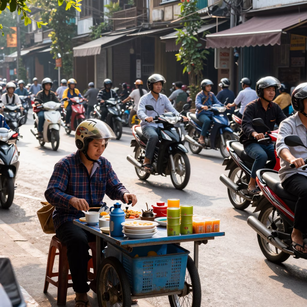 Busy Hanoi Vietnam Morning Street Scene with Motorbikes and Tea Vendor in in Hanoi, Vietnam