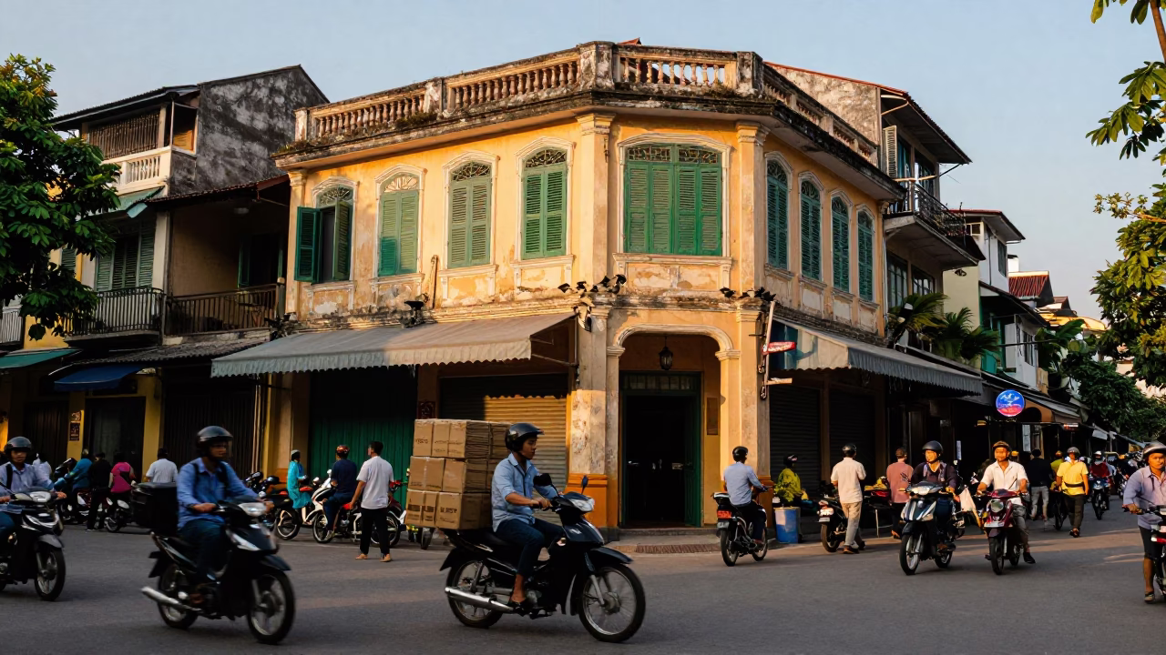 Busy Hanoi Vietnam Street Scene at Golden Hour with Traditional Architecture and Daily Life in in Hanoi, Vietnam