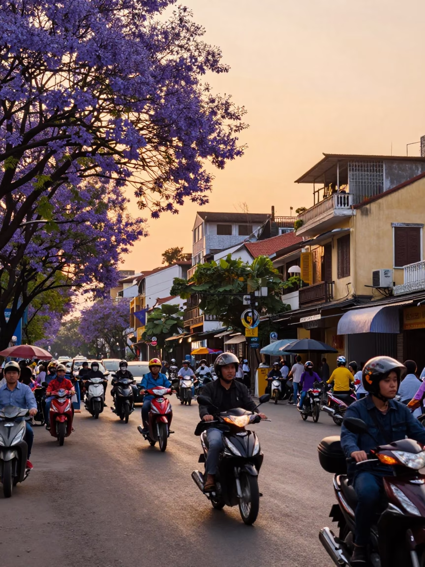 Busy Hanoi Vietnam Street Scene at Sunset with Purple Jacaranda Blooms in in Hanoi, Vietnam