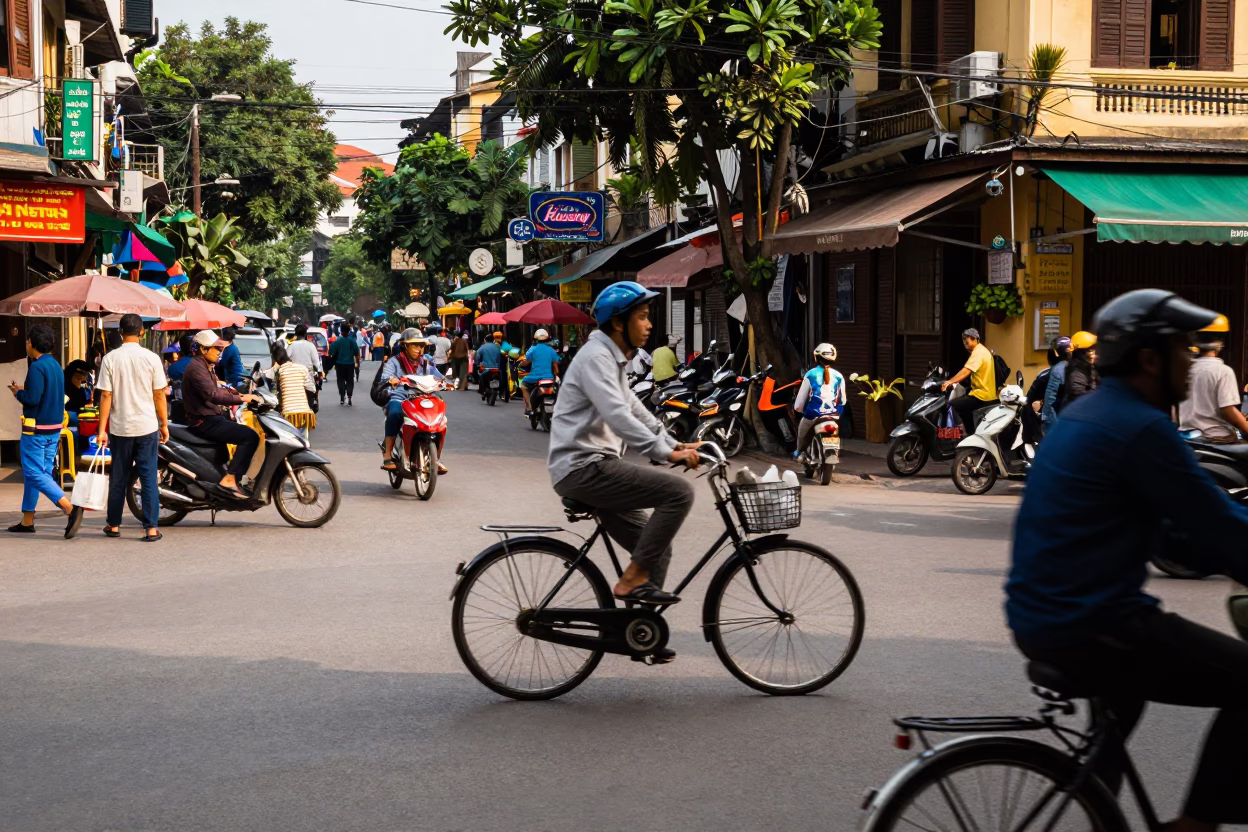 Busy Hanoi Vietnam Street Scene Early Afternoon with Bicycle and Local Life in in Hanoi, Vietnam