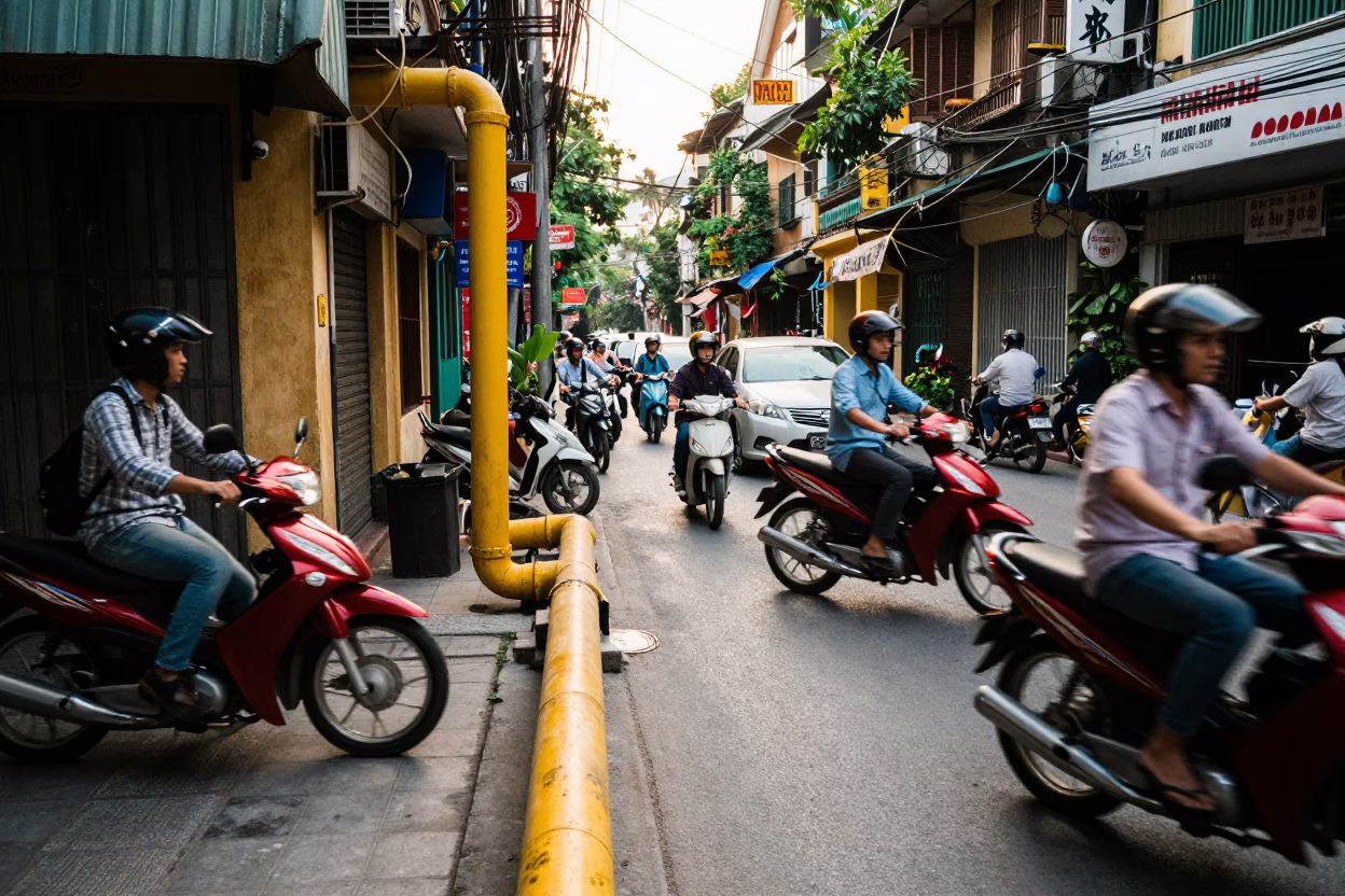 Busy Hanoi Vietnam Street Scene Early Afternoon with Motorbikes and Yellow Pipes in in Hanoi, Vietnam