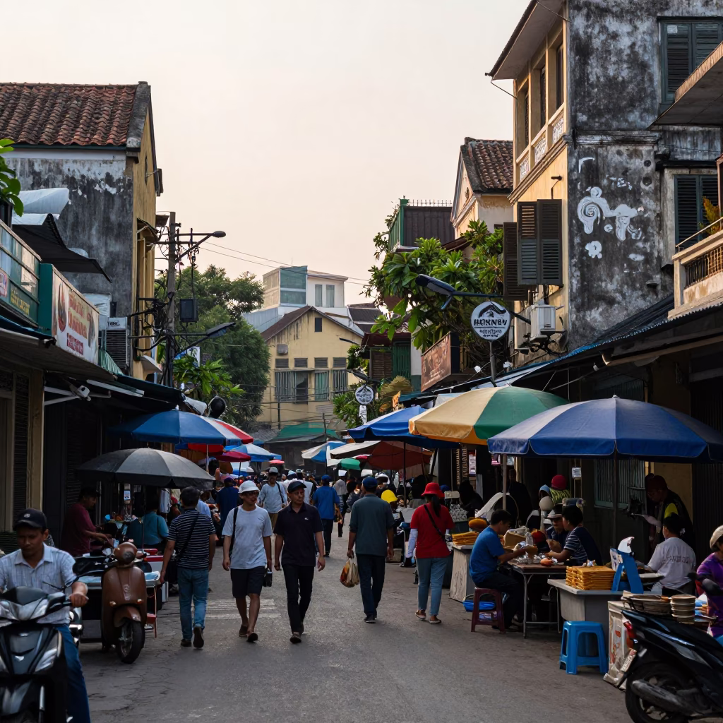 Busy Hanoi Vietnam Street Scene Just After Sunrise With Local Market Activity in in Hanoi, Vietnam