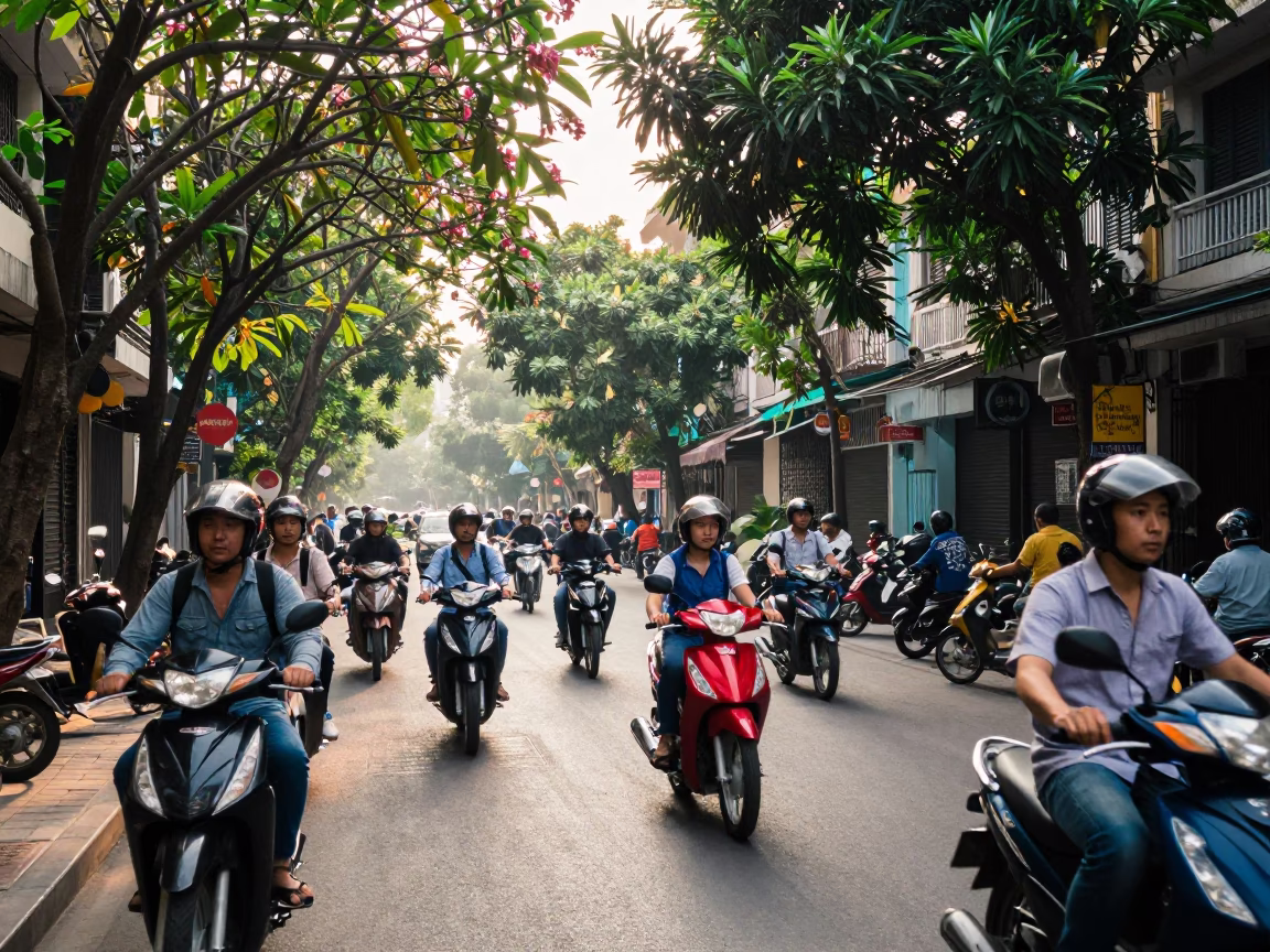 Busy Hanoi Vietnam Street Scene Late Morning with Motorbikes and Local Life in in Hanoi, Vietnam