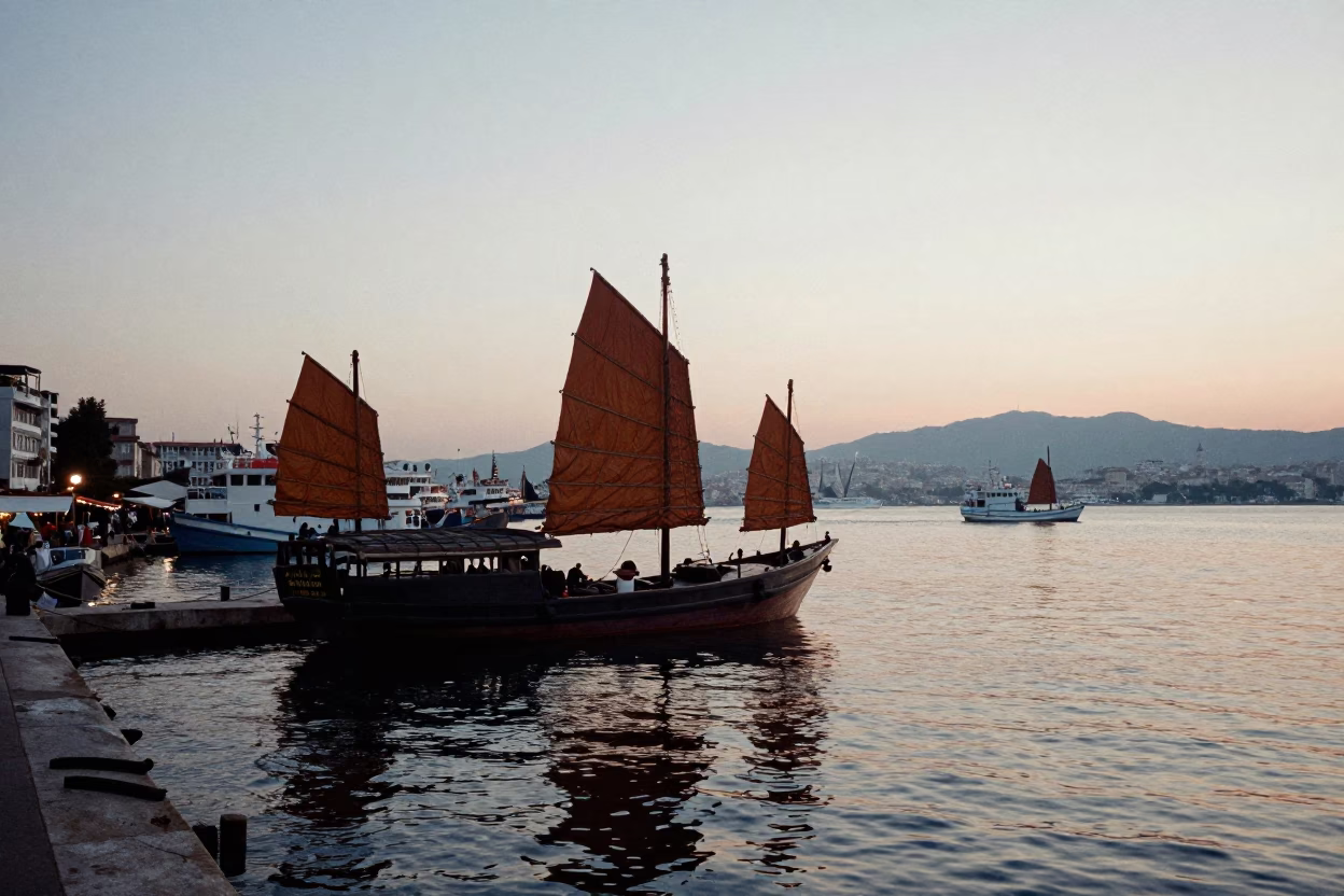 Busy Harbor in Izmir at Nautical Dawn Light in in Izmir, Turkey