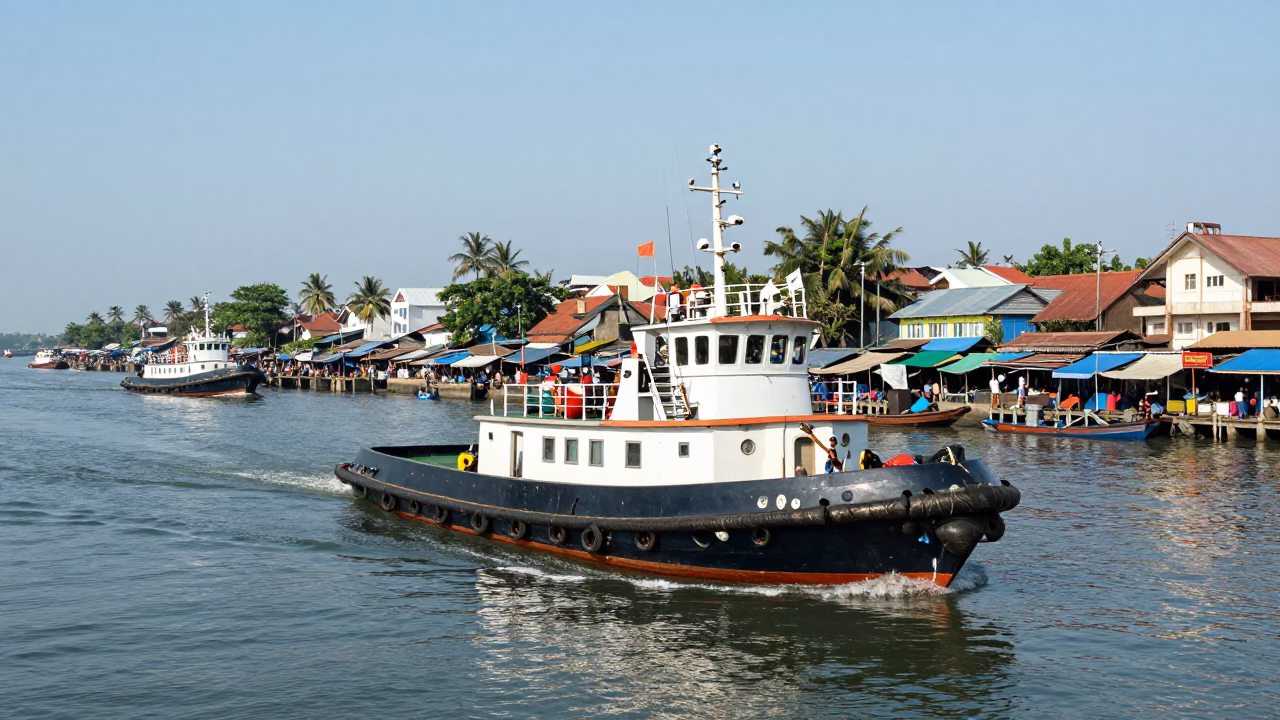 Busy Harbor Scene in Kochi India with Tugboat and Local Market Activity in in Kochi, India
