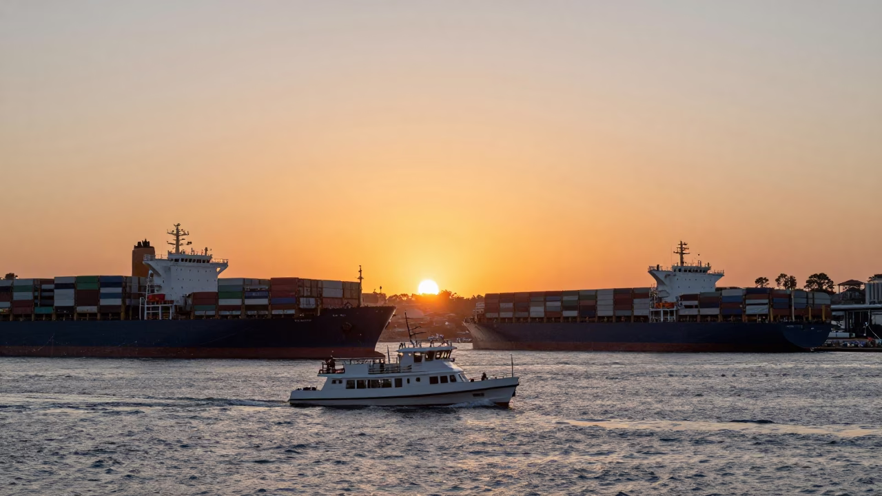 Busy Harbour in Sydney at As The Sun Drops Toward The Horizon in in Sydney, New South Wales, Australia