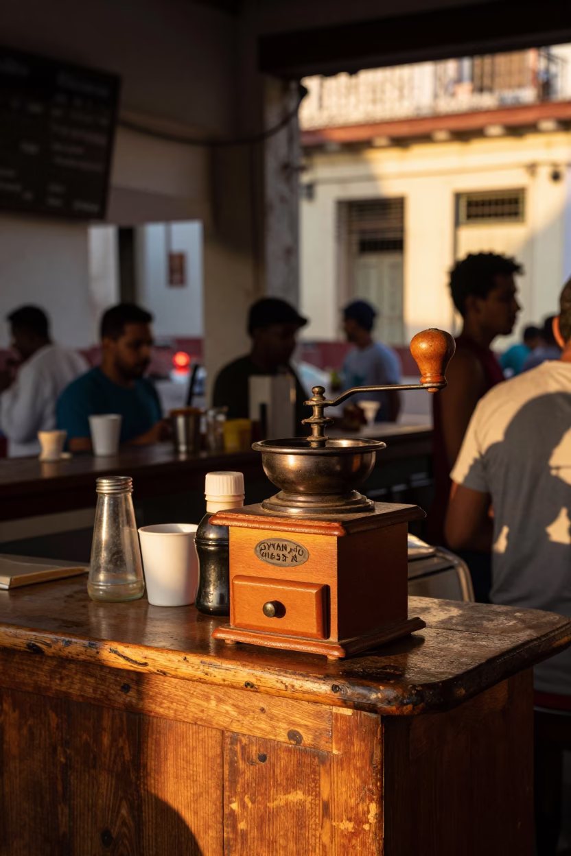 Busy Havana Cafe Counter with Vintage Coffee Grinder and Bread Loaves at Golden Hour in in Havana, Cuba