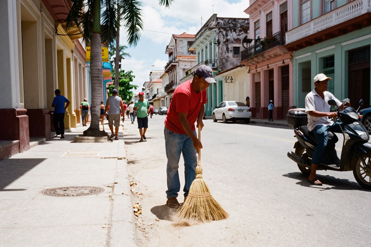 Busy Havana Cuba Midday Street Scene with Broom and Palm Tree Avenue in in Havana, Cuba