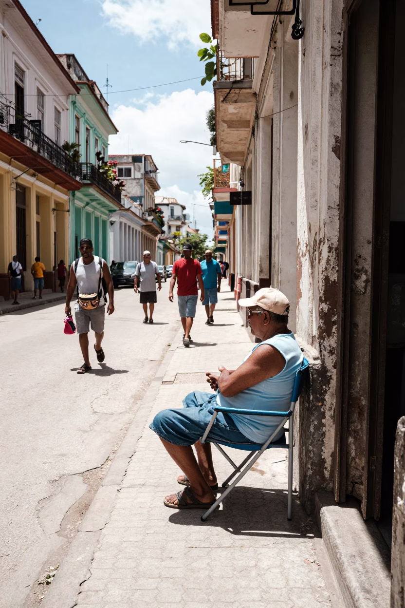 Busy Havana Cuba Midday Street Scene with Folding Chair and Local Life in in Havana, Cuba