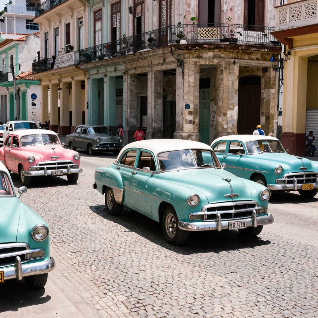 Busy Havana Cuba Midday Street Scene with Vintage Cars and Local Market Activity in in Havana, Cuba