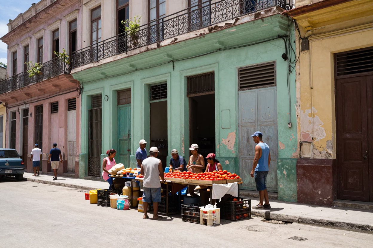 Busy Havana Cuba Street Corner Noon Light with Local Market Stall and Vintage Car in in Havana, Cuba