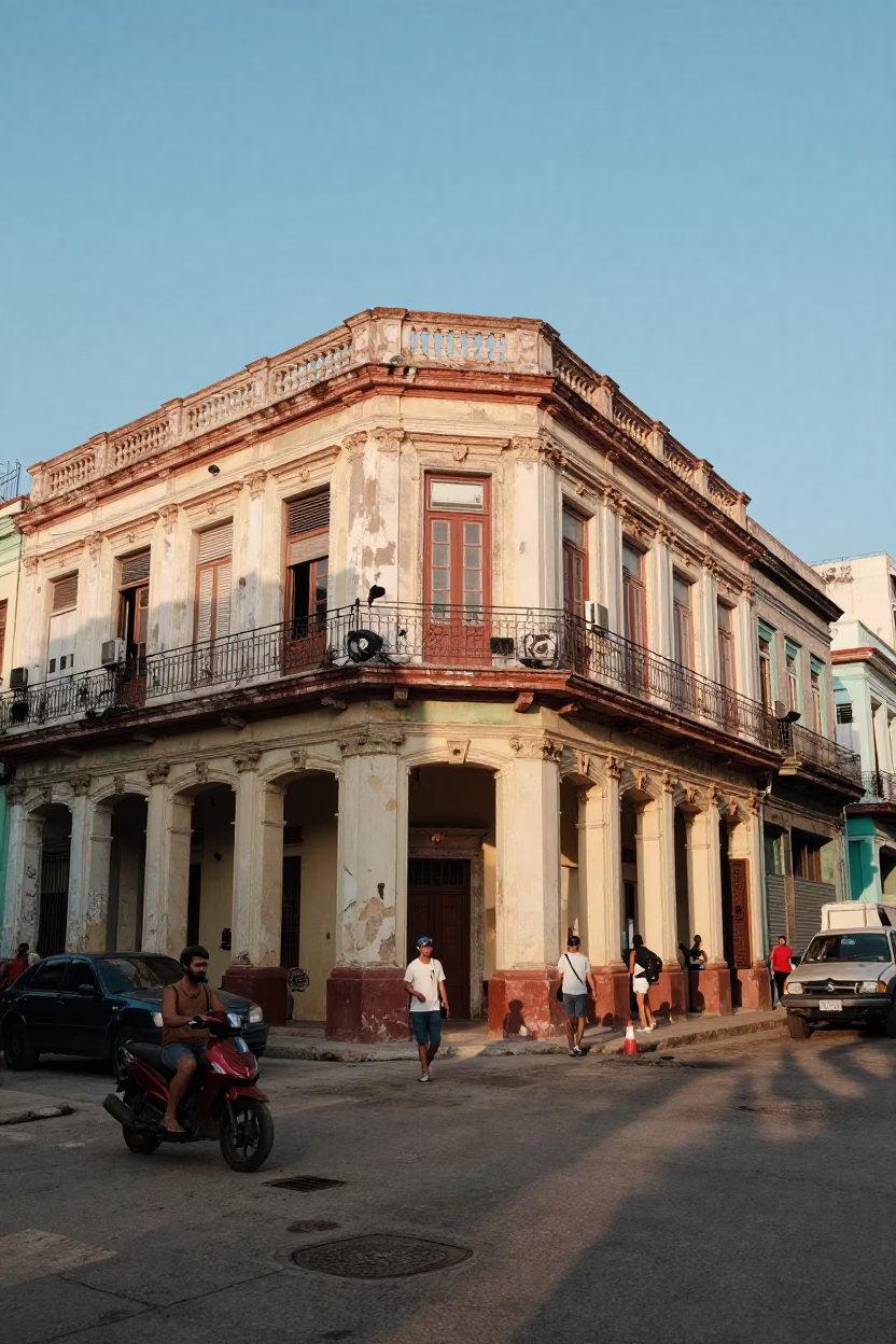 Busy Havana Cuba Street Scene Late Afternoon with Weathered Building Facade and Local Life in in Havana, Cuba