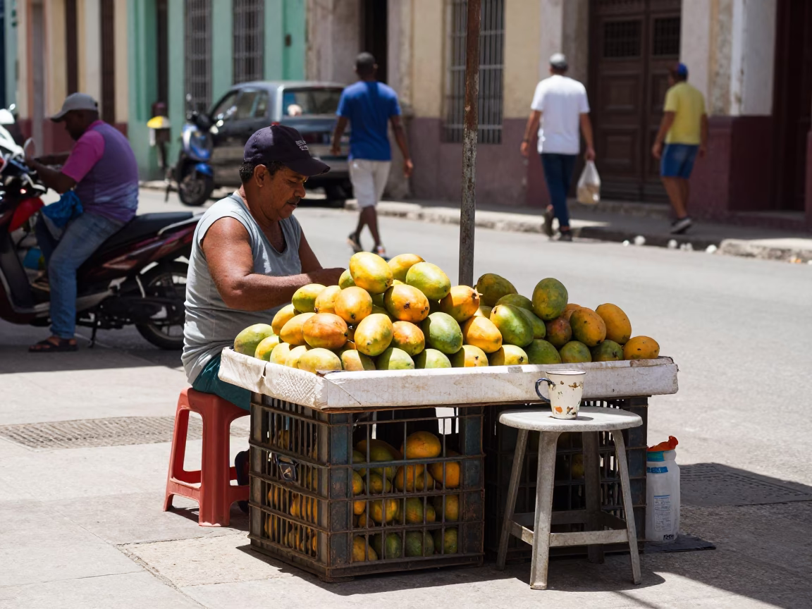 Busy Havana Cuba Street Scene Midday with Fruit Crate and Ceramic Cup in in Havana, Cuba