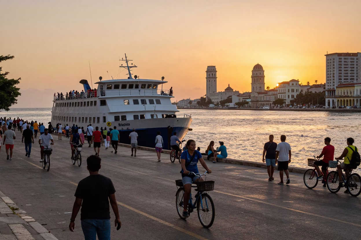 Busy Havana Cuba Sunset Street Scene with Ferry Dock and Local Life in in Havana, Cuba
