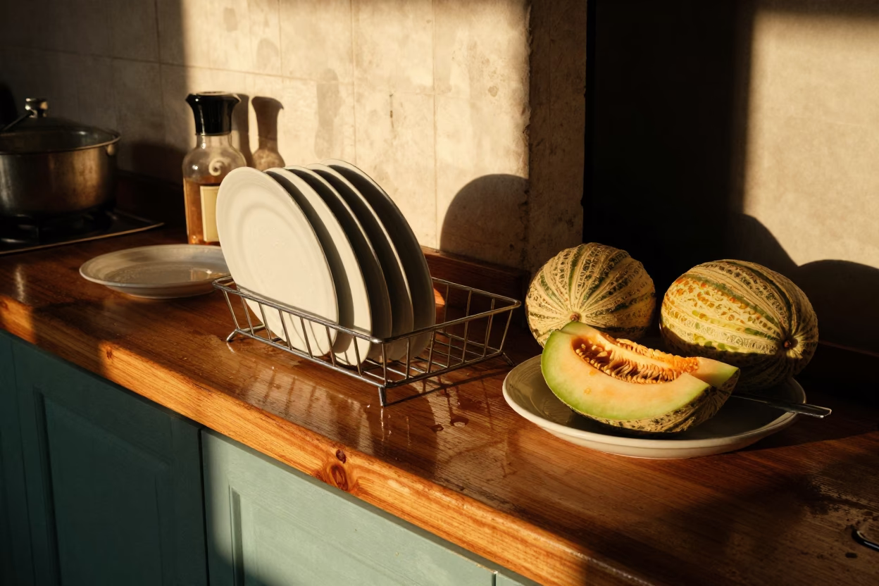 Busy Havana Kitchen Counter with Melons and Dish Rack During Golden Hour in in Havana, Cuba