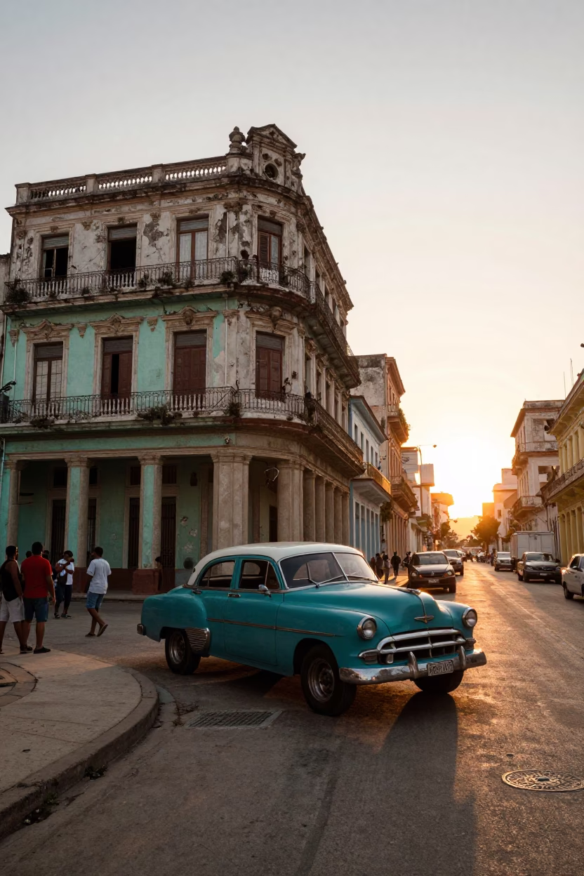Busy Havana Street Corner at Sunset with Vintage Car and Local Vendor in in Havana, Cuba