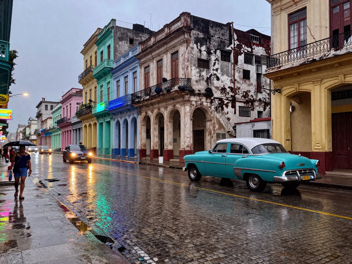Busy Havana Street Corner Dusk Light Rain Colorful 1950s Architecture in in Havana, Cuba